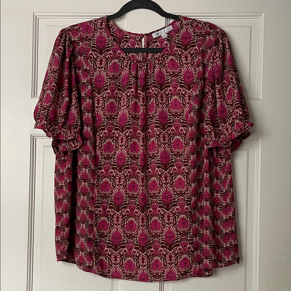 DR2 Fuchsia and Pink Ornate Short Sleeve Boho Blouse